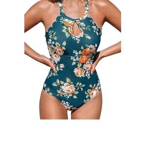 Floral‎ Teal One Piece Swimsuit Cutout Scalloped Trim Halter Neck Bathing Suit